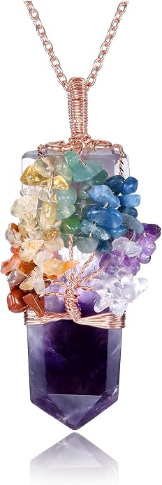 Natural 7 Chakra Stone Life Tree Pendant Necklace Reiki Healing Crystal Tumbled Stones Necklace Women Jewelry for Good Luck, Meditation, Protection, Energy Balancing, Gift