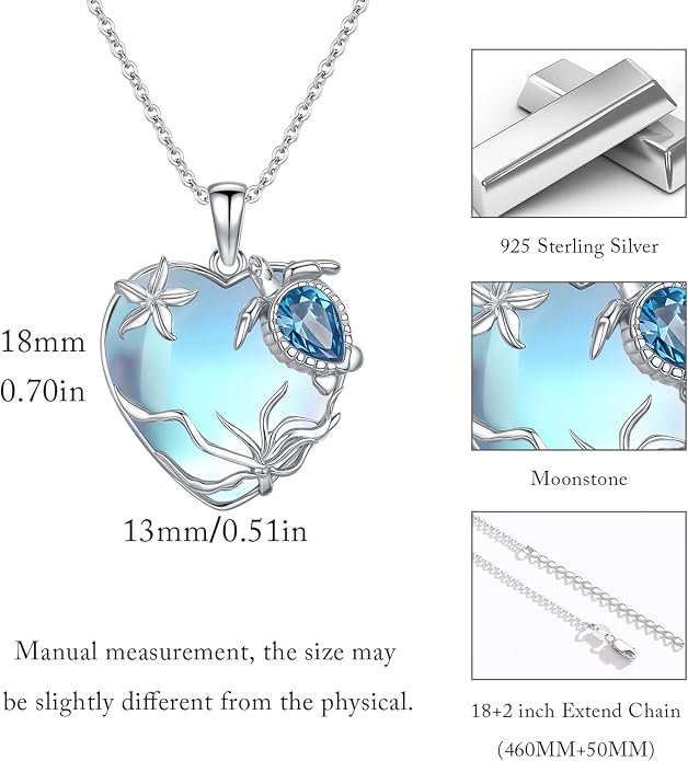 Sea Turtle/Seaweed Necklace for Women 925 Sterling Silver Heart of the Ocean Moonstone Pendant Necklace Turtle Moonstone Jewelry Gift for Wife Mom