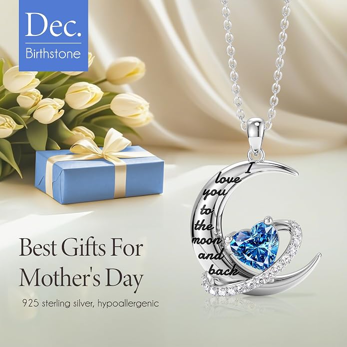 Distance I Love You to The Moon and Back Necklace for Women, S925 Sterling Silver Forever Love Heart Birthstone Necklace, Anniversary Birthday Jewelry for Wife Lover