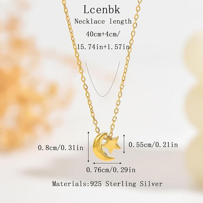 925 Sterling Silver Crescent Necklace for Women, Dainty Moon Star Choker Chain Necklace to Daughter Mother, 14k Gold Plated Moon and Star Charm Pendant Necklaces Jewelry Gift for Birthday Mother's Day