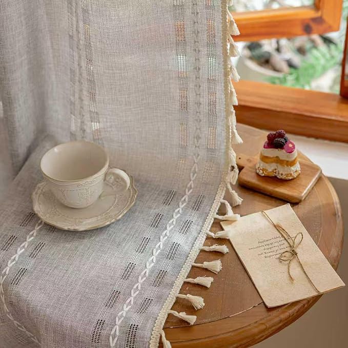 Light Gray Boho Semi Sheer Curtains 63 inch Length 2 Panel Set for Bedroom & Farmhouse, Bohemian Light Filtering Privacy Drapes Tassels Shabby Chic Embroidery Window Curtains Back Tab & Rod pocket