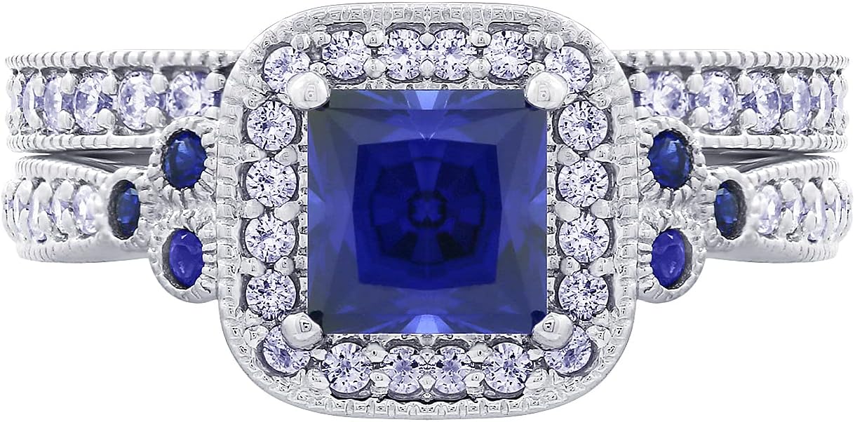 Amazon Essentials Platinum or Gold Plated Sterling Silver Antique Ring set with Asscher-Cut Infinite Elements Cubic Zirconia