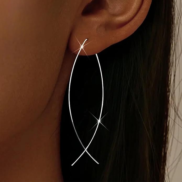 925 Sterling Silver Dainty Hard Wire Threader Dangle Earrings for Women 14k Gold Plated Tassel Threader Pull Through Long Half Hoop Earring Wedding Bridal Birthday Jewelry Gifts