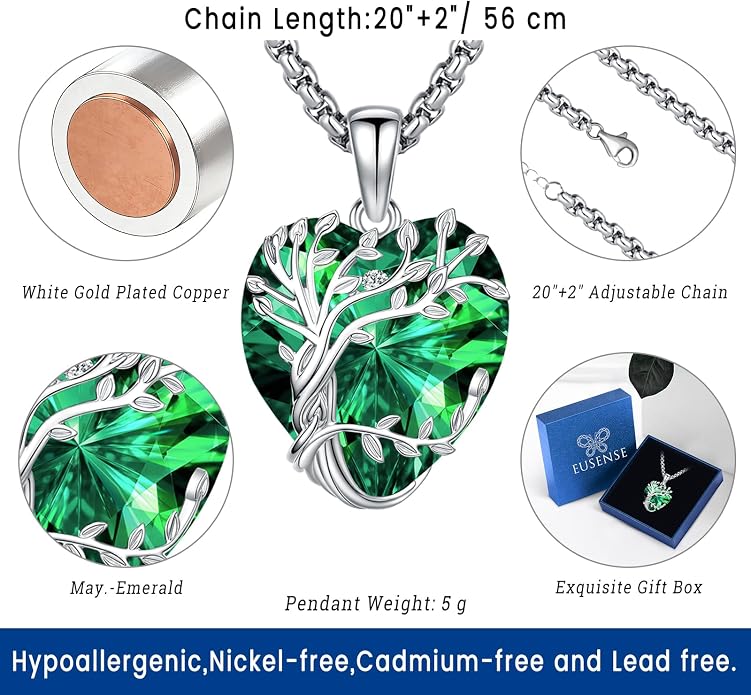 Eusense Tree of Life Necklace for Women White Gold Plated Copper Moonstone/Turquoise/Black Onyx/Crystal Birthstone Pendant Jewelry Gifts for Women Men