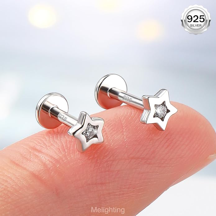 Melighting 16G Sterling Silver 925 Helix Earring Internal Thread 6/8 mm Heart Flat Back Earring Star Lip Stud Labret Cartilage Lip Piercing Jewelry for Women