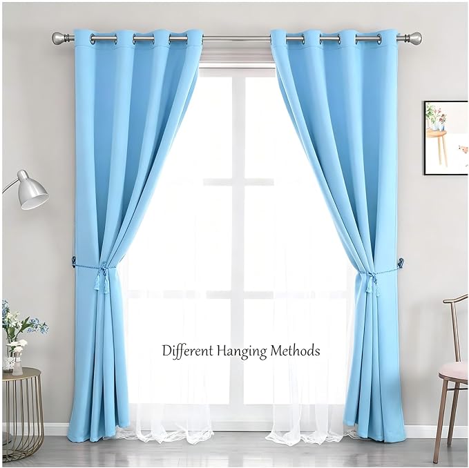 Blue Curtains 90 inch Length 2 Panels Set - Double Layered Blackout Curtain Drapes with White Sheer Voile and Lace Hem for Kids/Girls Bedroom Living Room Nursery (52x90 inch, Sky Blue)