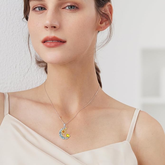 AOBOCO 925 Sterling Silver Sun and Moon Star Pendant Necklace with Simulated Birthstone, Birthday Christmas Jewelry Gift for Women Teen Girls