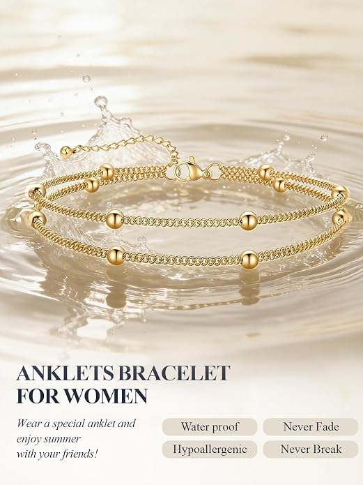 U7 Silver/Gold Ankle Bracelets for Women Layered Chain Anklets Stainless Steel Waterproof Summer Beach Anklet Cham, Adjustable 8.5"-10.5"