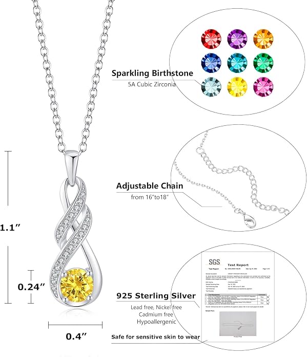Birthstone Necklaces for Women 925 Sterling Silver Infinity Pendant Created Gemstone Jewelry for Her, 16"+2"