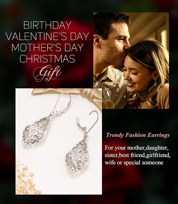 Sterling Silver Leverback Dangle Earrings for Women Teardrop Filigree 14K Gold Plated Dangly Earrings Mother’s Day Gift