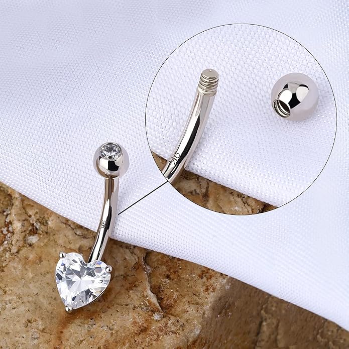 OUFER Belly Navel Rings - 14K Solid White Gold Heart Solitaire Cubic Zirconia Belly Button Rings