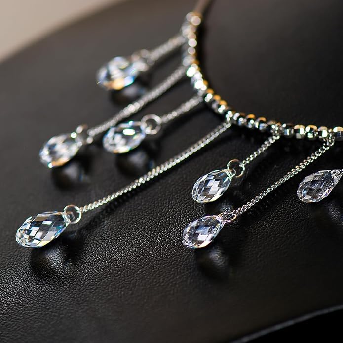 925 Sterling Silver Handmade Crystals Rain Drop Tassel layered Pendant Boho necklace statement Chandelier shape Lobster Clasp Length Choker 18"+2" Ideal Gift for Women Ladies Dress accessories.
