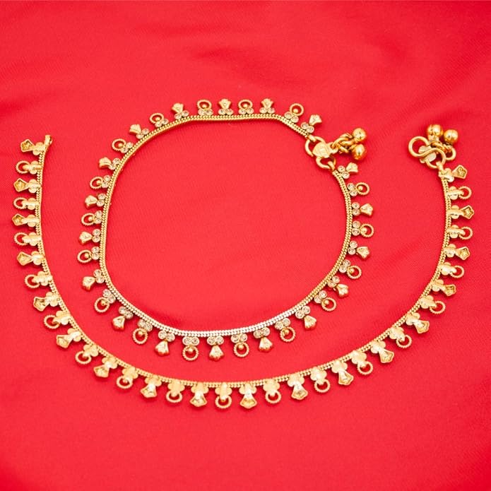 Duel On Jewel Gold Payal Set for Women, Indian Paayal Jhanjar Chain Anklets with Bell Detail, Foot Jewelry Pair, 10 Inch Comfort Fit, Traditional & Dainty Styles for Wedding Beach Everyday Gift