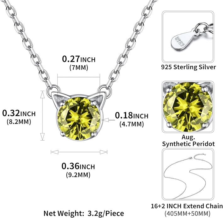 ChicSilver Bow and Cat Birthstone Necklace, 925 Sterling Silver Pendant Necklaces for Women, Hypoallergenic Silver Choker with 16 inch Rolo Chain, 12 Months Jewelry for Valentines Mothers Day Christmas