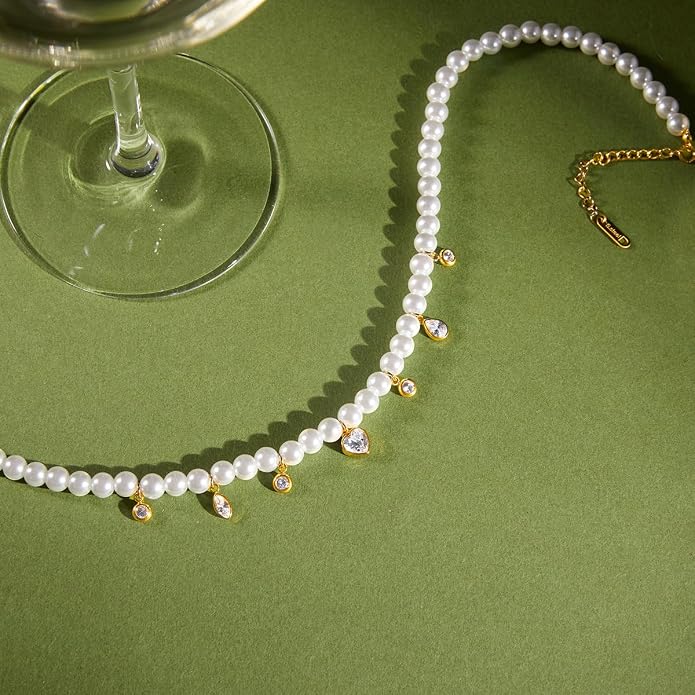Natural Freshwater Baroque Pearl Necklace 14K Gold Plated Dainty Choker Necklace for Women Girls Snake Chain/Cuban Link/Paperclip/Ball Beaded Chain/Tennis Chain Fashion Jewelry for Gift