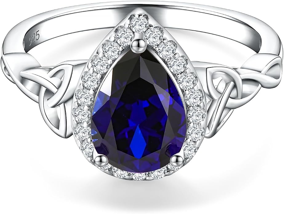 DAYBYDAY Celtic Birthstone Rings for Women 925 Sterling Silver Heart/Round/Pear/Oval Created Gemstone Moissanite Halo Engagement Promise Rings for Her Wife Birthday Anniversary Wedding Jewelry