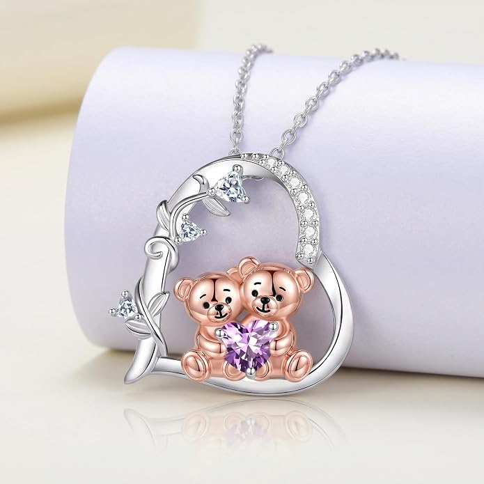 PELOVNY Teddy Bear Necklace for Women 925 Sterling Silver Bear/Highland Cow/Fox/Cat/Axolotl Birthstone Necklace Christmas Birthday Jewelry Gifts for Mom Daughter Wife Sister