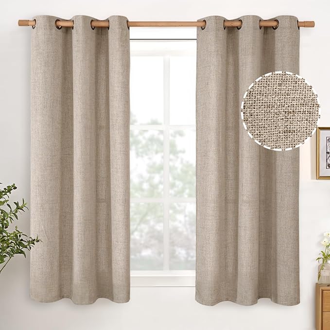 YoungsTex Short Linen Curtains 45 lnch Length, Oatmeal Drapes with Bronze Grommet Ligth Filtering for Bathroom Living Room Windows Lightweight, 2 Panels, 42 X 45 Inch