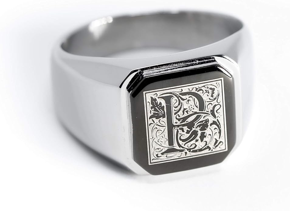 Jewelry | Stainless Steel Letter Alphabet Initial Ring | Square Flat Top Ring for Men & Women | Stainless Steel Jewelry, (Black, Gold, Silver), Size 7-16