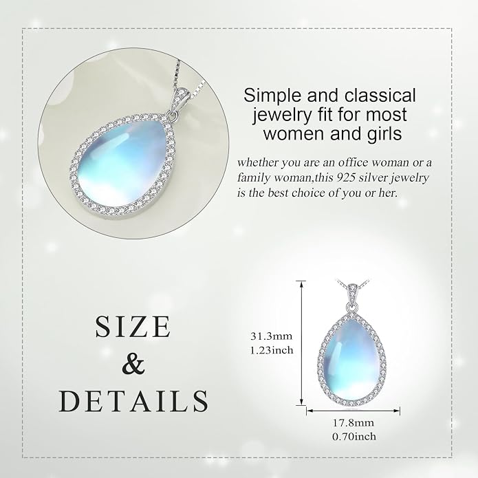 YAFEINI 925 Sterling Silver Moonstone Necklace Filigree Teardrop Pendant Necklace Jewelry for Women Girls