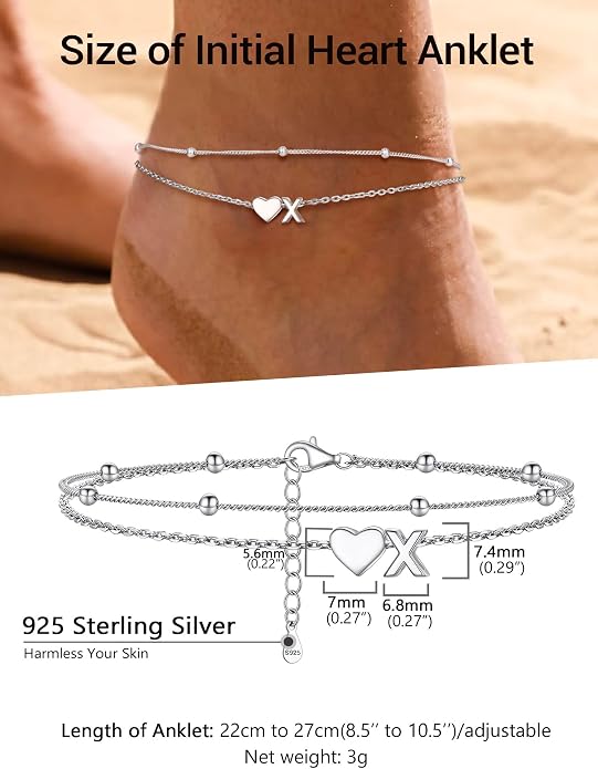 PROSILVER Ankle Bracelets for Women S925 Sterling Silver Anklets for Women Waterproof, Dainty Layered Heart Anklet, Beach Initial Anklet for Summer, Letter A-Z