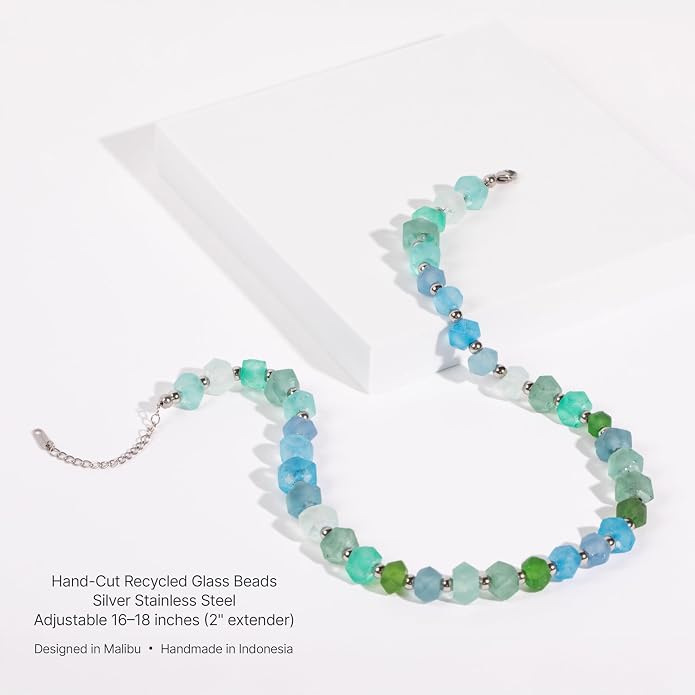 Chunky Frosted Sea Glass Beaded Necklace for Women - Handmade Recycled Glass, 18K Gold Plated or Silver Toned Stainless Steel, Adjustable 16-18 inch Boho Statement Necklace