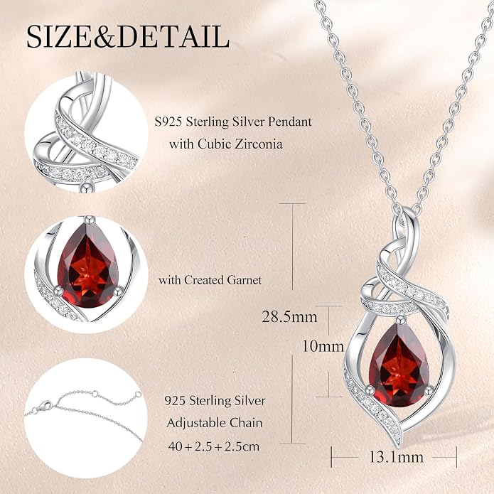 FANCIME Teardrop Birthstone Necklace for Women S925 Sterling Silver Elegant Ribbon Pendent Necklace Birthday Jewelry Gifts for Mom Wife Her, 16"+2" Inches