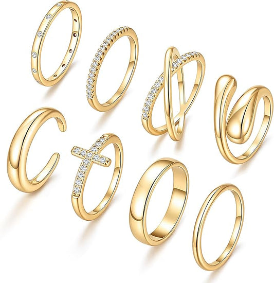 iF YOU Non Tarnish Chunky Gold Rings for Women, 14K Gold Plated Dainty Stackable Cross Cubic Zirconia Ring Set, Knuckle Stacking Pinky Thumb Ring Statement Wedding Bands Jewelry Size 4.5-10