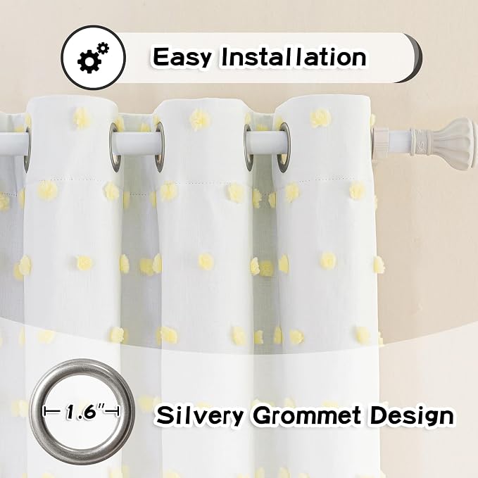 MYSKY HOME 100% Blackout Curtains for Kids Bedroom Thermal Insulated 95 Inch Length Nursery Curtains 2 Panels Grommet Light Filtering Yellow Pom Pom Sheer Drapes Double Layers Dining Room, 52W x 95L