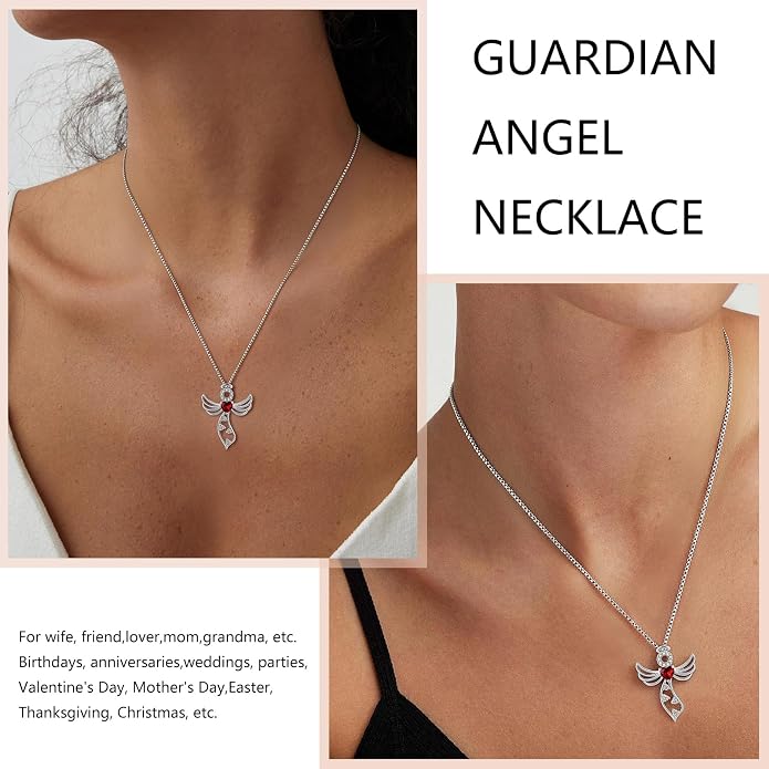 925 Sterling Silver Guardian Angel Pendant Necklace for Women - Birthstone Cubic Zirconia, 18" Chain, Gift for Her