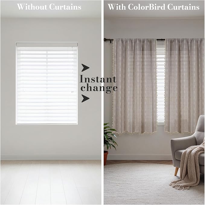 ColorBird Boho Curtains Linen-Textured for Living Room Bedroom Natural Brown 63 Inch Length Farmhouse Light Filtering Neutral Embroidered Striped Linen Drapes 2 Panels Window Treatment