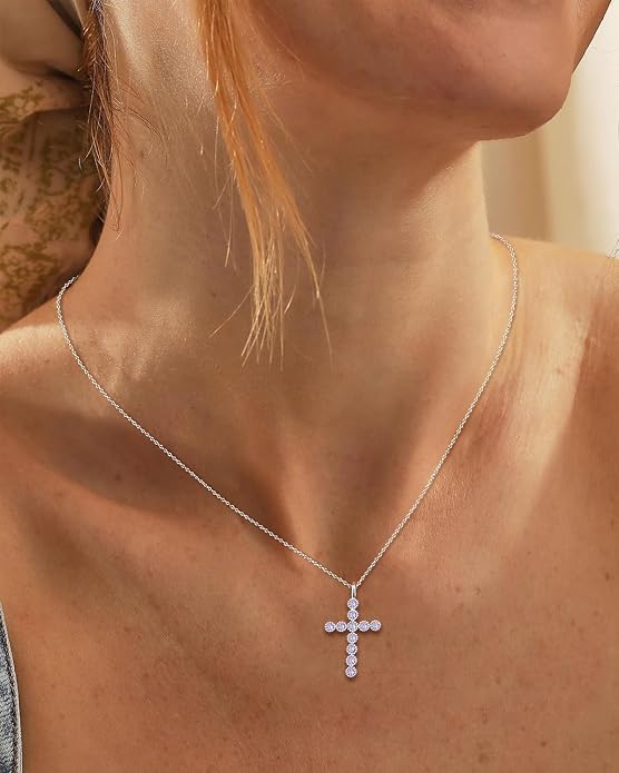 925 Sterling Silver 18 inch Birthstone Cross Pendant Necklace for Women Men