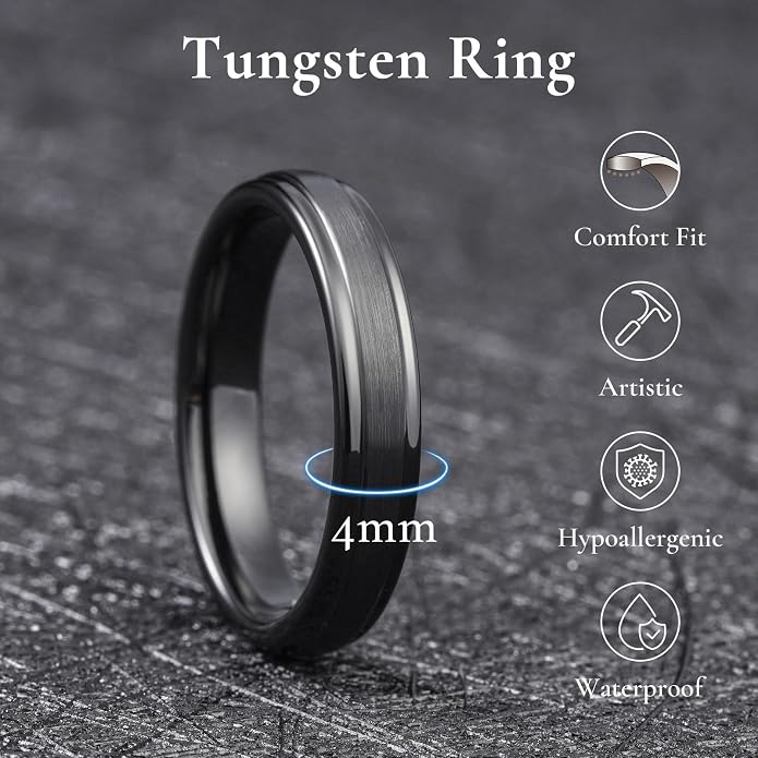King Will Classic Tungsten Wedding Band for Men, 6/7/8/9/10mm Widths, Polished Finish Step Edge Matte Rings Comfort Fit