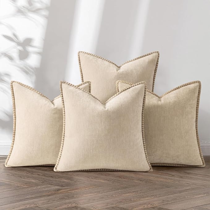 decorUhome Fall Soft Decorative Chenille Throw Pillow Covers 16x16 Set of 4 | Beige Cozy Decorative Modern Farmhouse Neutral Pillow Cases with Stitched Edge for Couch Sofa Bed Living Room Home Decor