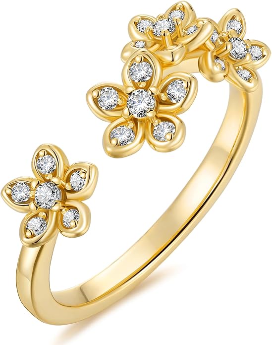 Moissanite Flower/Butterfly/Star Pretty Open Ring for Women, Adjustable Ring, Solid 925 Sterling Silver with Gold Plated, Stackable Ring, Birthday Valentines Anniversary Mothers Day Ideal Gift for Her
