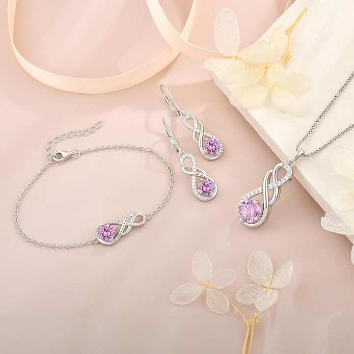 Gemstone Infinity Pendant Necklaces for Women, S925 Sterling Silver Round cut Zircon Necklace Birthstone Jewelry Gift for Her