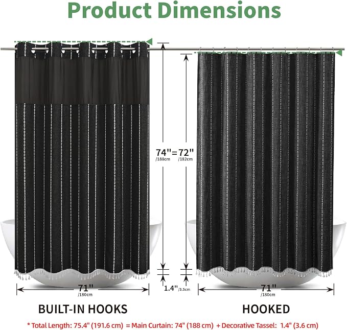 eachope Boho Farmhouse No Hook Shower Curtain Set with Snap-in Fabric Liner,Heavy-Duty Linen Textured Rustic Striped Design,Water-Repellent with Tassels and Sheer Window,Black,71x74
