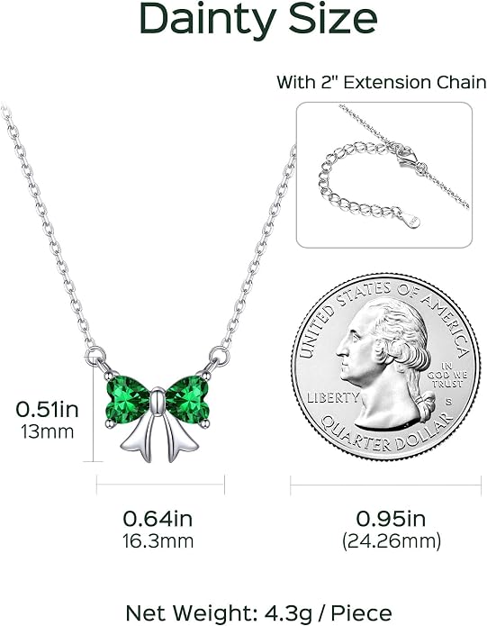 ChicSilver Bow and Cat Birthstone Necklace, 925 Sterling Silver Pendant Necklaces for Women, Hypoallergenic Silver Choker with 16 inch Rolo Chain, 12 Months Jewelry for Valentines Mothers Day Christmas