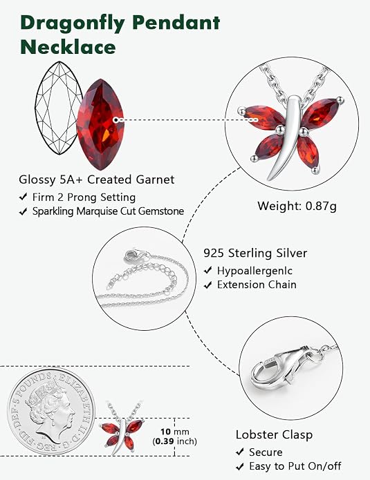 925 Sterling Silver Birthstone Necklaces for Women, Dainty Cute Dragonfly/Butterfly Pendant Necklace, Great Christmas/Anniversary Jewelry for Mother