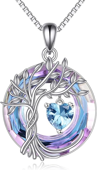 POPLYKE Mothers Day Gifts for Mom Her Wife Tree of Life Necklace 925 Sterling Silver Birthstone Pendant with Crystal Anniversary Birthday Wedding Jewelry for Women