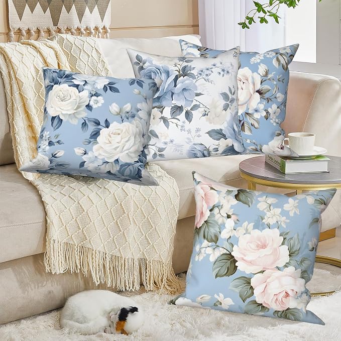4 Pcs/Set Rose Flowers Pillow Covers Summer Floral Green Leaves Flowering Shrub Plants Natural Scenery Colorful Watercolor Linen Cushion Case for Outdoor Couch Sofa Bedroom, 26"x26"