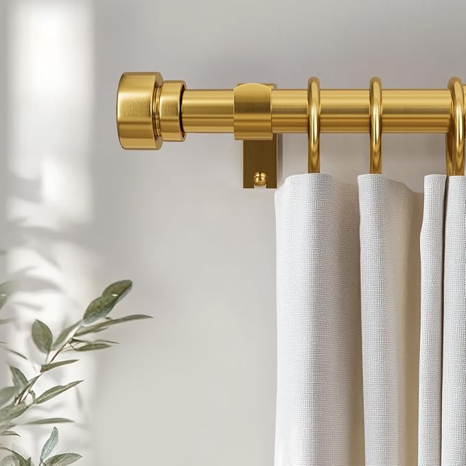 Lootkell Modern Gold Curtain Rods for Windows 16 to 60 Adjustable Length Heavy Duty 1" Diameter Brass Window Curtain Rod with Solid Metal Finials for Outdoor Farmhouse Bedroom Kitchen Living Room