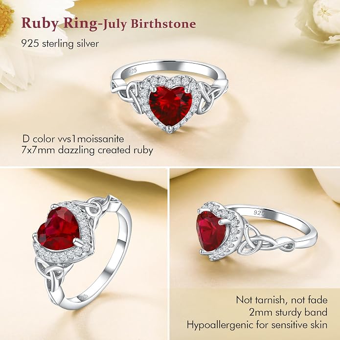 DAYBYDAY Celtic Birthstone Rings for Women 925 Sterling Silver Heart/Round/Pear/Oval Created Gemstone Moissanite Halo Engagement Promise Rings for Her Wife Birthday Anniversary Wedding Jewelry