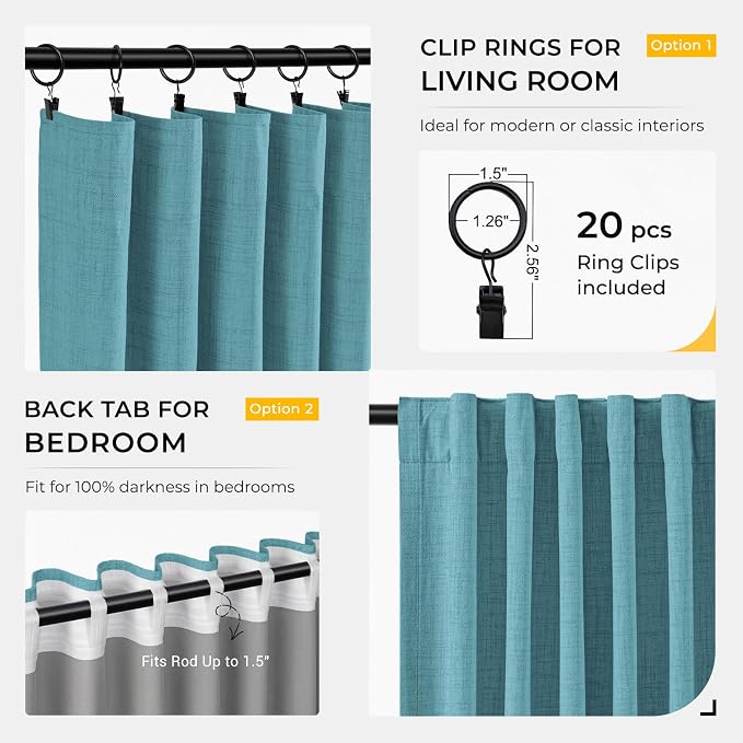 INOVADAY 100% Blackout Curtains for Bedroom, Teal Black Out Curtains 96 Inch Long, Clip Rings Linen Blackout Drapes, Thermal Insulated Room Darkening for Living Room, 2 Panels - W50xL96