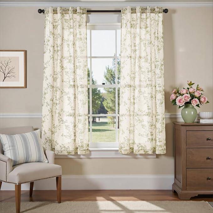Lazzzy Green Floral Linen Curtains 63 Inch Farmhouse Back Tab Drapes for Living Room Bedroom Light Filtering Vintage Grandmillennial Rod Pocket Curtains, 2 Panels, W38 x L63, Green on Beige