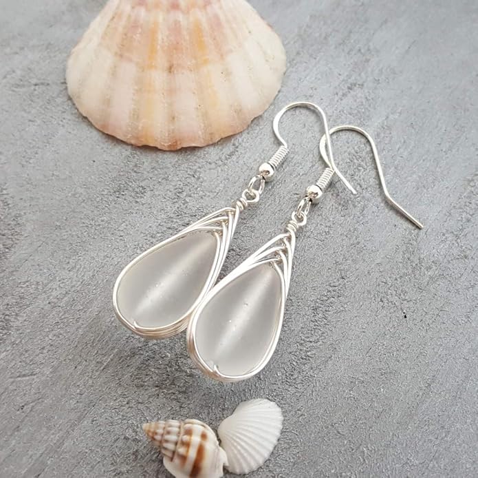 Handmade Sea Glass Earrings, Hawaiian Jewelry, Wire Braided Earrings Teardrop Earrings, Beach Jewelry Sea Glass Jewelry For Women Birthday Gift
