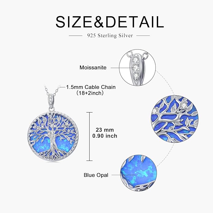 Tree of Life Moissanite Necklace, 925 Sterling Silver 0.5 Carat Moissanite Abalone Shell/Opal/Black Onyx/Turquoise/Malachite/Tiger Eye Stone Tree of Life Pendant Necklaces Jewelry Gift for Women Mom