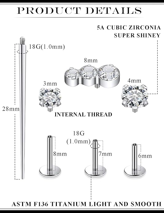 20G 18G 16G Astm F136 Titanium Internal Thread Flat Back Earrings Nose Studs Tragus Forward Helix Conch Cartilage Lobe Earring Stud Medusa Labret Monroe Lip Ring Piercing Jewelry For Women Men