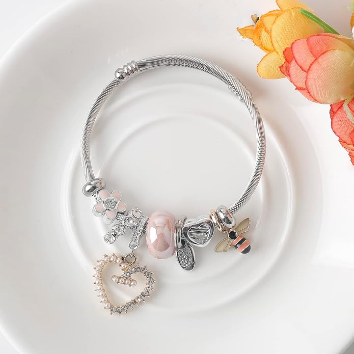 DS Charm Bracelets for girls,exquisite cute cartoon friendship bracelets Silver Stainless Steel Bangle with birthday Gift box, Adjustable girls jewelry Suitable for holiday gifts