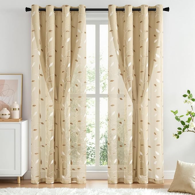 MIULEE Beige Double Layer Curtains 96 Inches Long, Leaf Patterned Sheer Floral Drapes and Blackout Room Darkening Window Curtains for Living Room Bedroom, Grommets Top, 52" W x 96" L, 2 Panels